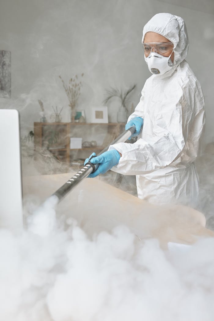 A woman in full protective gear disinfects a room using fumigation, ensuring cleanliness and safety.